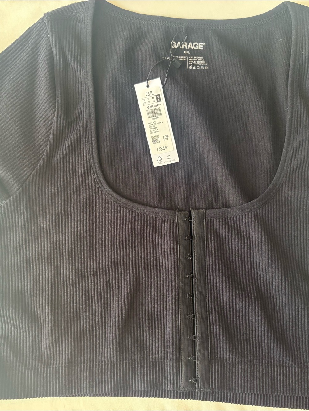 Garage Black Ribbed Scoop Hook-and-Eye Crop Top